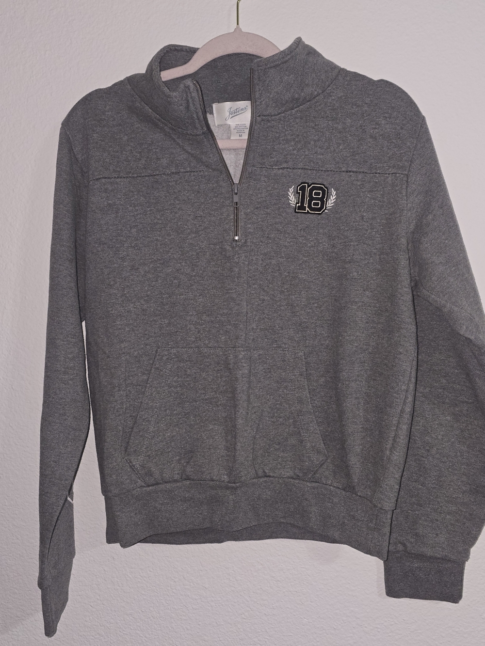Men's Gray Quarter-Zip Sweater with '18' Patch